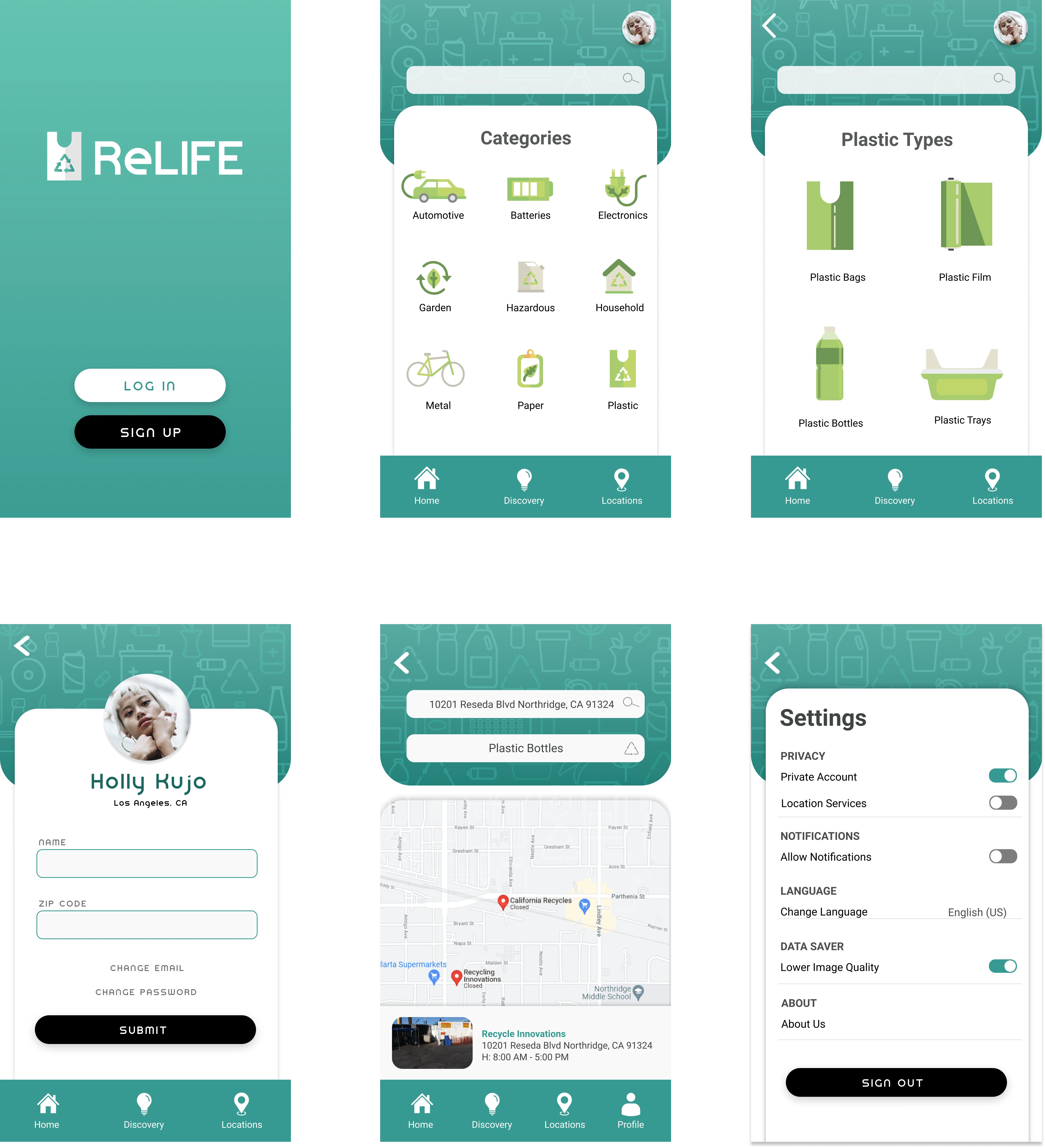 Six ReLife hi-fi mobile app screens
